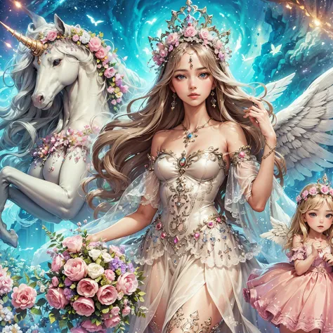 a painting of a woman in a dress surrounded by angels, ethereal fantasy, goddess of love and peace, beautiful fantasy art, celes...