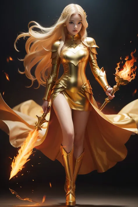 flame princess knight、full body Esbian、、gold armor mini dress、、Light blonde hair、Flaming sword