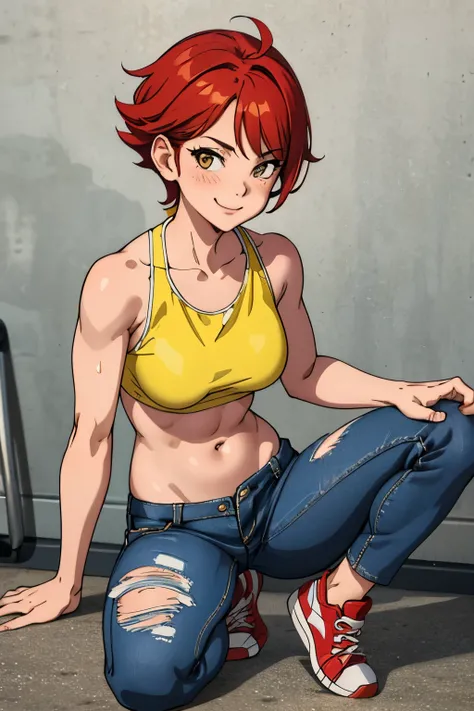 Cute girl, ripped bikini jeans, short yellow shirt that does not cover the stomach, belly showing, red sneakers, short hair, beautiful body, medium-sized sexy breasts, bikini, crouching on the ground like a dog, lifted by the buttocks, sexy body, sexy face...