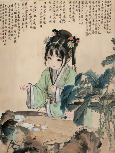 a close up of a full colour painting of people in a landscape, ancient chinese beauties, qing dynasty painting, by Wang Lü, su fu, mu pan, by Lü Ji, song dynasty, ancient china art style, chinese painting, robed figures sat around a table, by Wang Hui, by ...