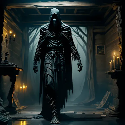 "A 3D rendering of Vorunar, a mysterious 7.5-foot figure with an ethereal presence. very Long limbs. Very Muscular. Draped in dark, tattered robes, his commanding build defies ordinary nimbleness. Hooded and masked, only bright, glowing yellowish irises in...
