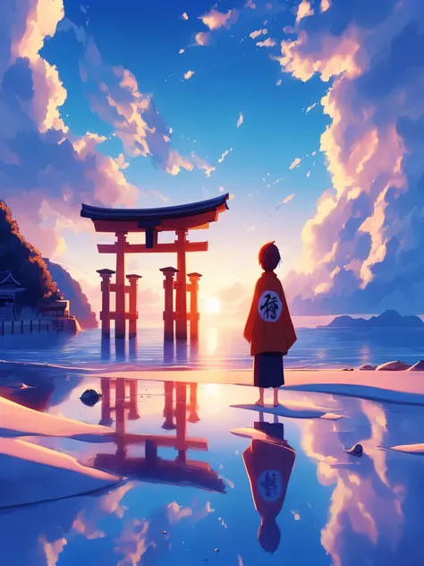 draw anime lofi scene of a small monk standing in front of white sandbeach side japanese torii, reflection, skyblue cloudy wide ...