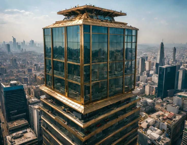 la ciudad de megacity de la pelicula juez dredd, with high-tech design , vista desde una terraza, edificios de metal y cristal, autopistas cruzandolos, de una inmensidad impresionante, con el empleo de oro , plata y bronce en su construccion, realmente imp...