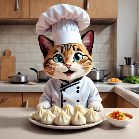Cute Cartoon, CuteCartoonAF, (cute cartoon style:1.3), (solo:1.3). | A cute adorable cat chef (standing behind a kitchen counter and holding a plate of dumplings), (smiling at the viewer), (vivid eyes). | (The words "Enjoy your meal"). | New Year vibes. | ...