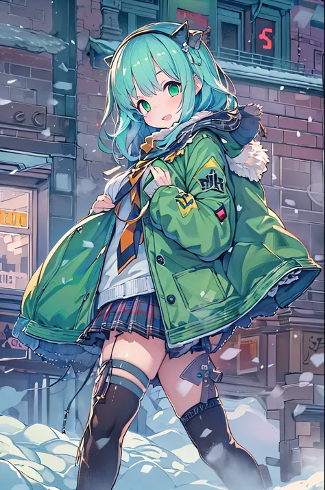 Best Quality,超A high resolution,1girl in,Solo,Full body,Snow,city,, Blue hair,Green eyes,nffsw,School uniform,