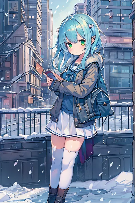 Best Quality,超A high resolution,1girl in,Solo,Full body,Snow,city,, Blue hair,Green eyes,nffsw,School uniform,