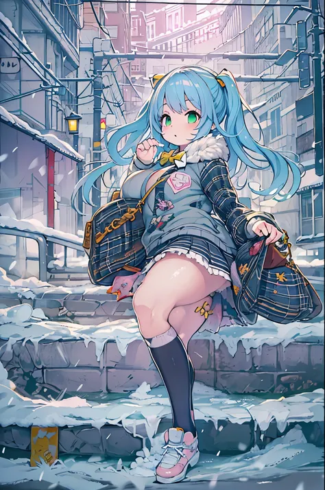 Best Quality,超A high resolution,1girl in,Solo,Full body,Snow,city,, Blue hair,Green eyes,nffsw,School uniform,bbw