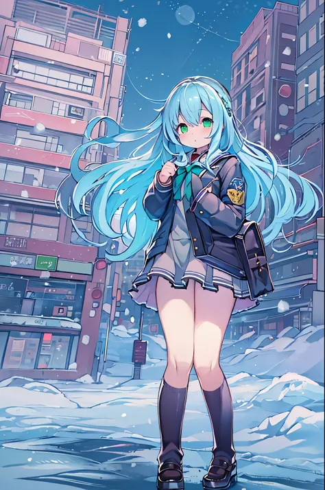 Best Quality,超A high resolution,1girl in,Solo,Full body,Snow,city,, Blue hair,Green eyes,nffsw,School uniform,bbw