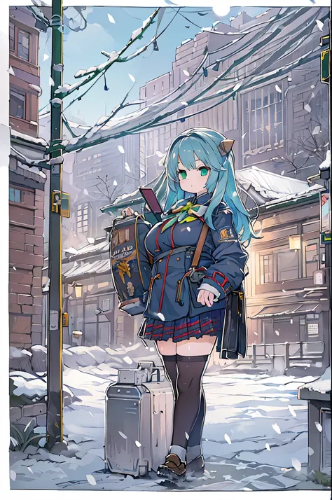 Best Quality,超A high resolution,1girl in,Solo,Full body,Snow,city,, Blue hair,Green eyes,nffsw,School uniform,bbw