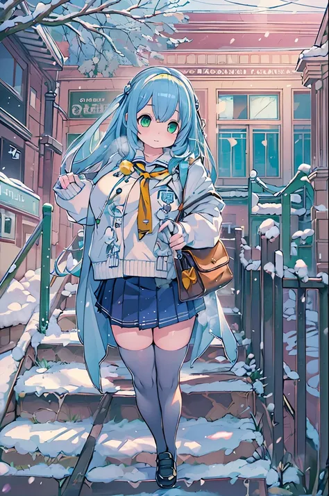 Best Quality,超A high resolution,1girl in,Solo,Full body,Snow,city,, Blue hair,Green eyes,nffsw,School uniform,bbw