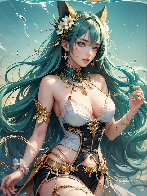 art, Unity 8k壁纸, Ultra-detailed, Beautiful and aesthetically pleasing, (s fractal art: 1.3),  flower, girls, (Hairstyles: Long hair) Ocean, Extremely detailed, Cowboy shot, The most beautiful, Seafoam, Buble, cute big breasts, ultra quality, random backgro...