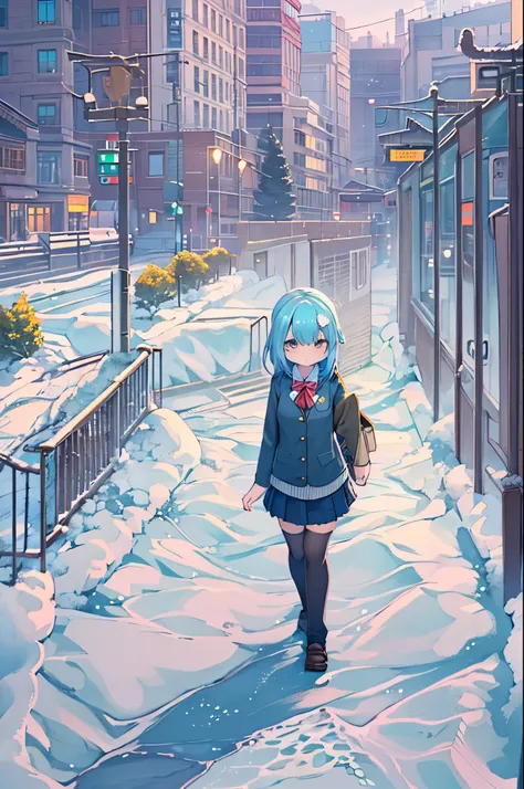 Best Quality,超A high resolution,1girl in,Solo,Full body,Snow,city,, Blue hair,Green eyes,nffsw,School uniform,bbw