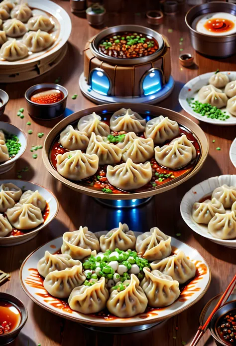 Advanced food factory,droid,(A plate of dumplings, New Moon:1.8),A breath of the future,droid,Otaka,Silver metal body,Flashing blue LED light,human-like dexterity,Precise,The Arm,Equipped with,precision tools,sensor,大Travagliado台,New Moon饺子,Skillful,place ...