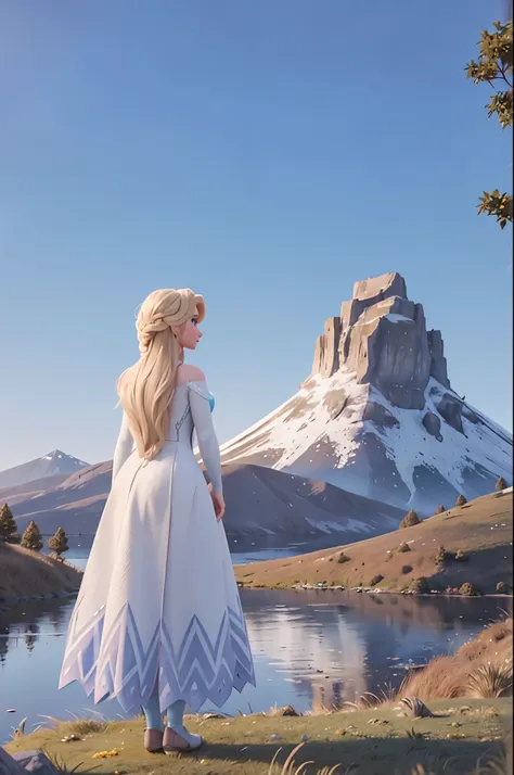 rear view, elsa standing on top of a hill observing the lonely mountain erebor in the distance, grass and trees around, a big la...