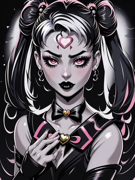 masterpiece, best quality, 1girl, gothic, black lips, solo, black hair, makeup, twin tails, hair buns, (sailor moon), half-cycle...