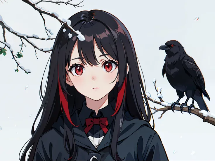 a crow on a branch,snow,portrait, red eyes