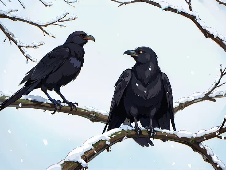 a crow on a branch,snow