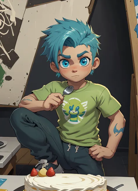 a boy with a cake, green t-shirt, pants, solo, kid, child, holding a cake, (green t-shirt, black pan quality, ultra-detailed, best illustration, masterpiece, high res, professional artwork, famous artwork), realistic paint, (insane detailed eyes, blue shin...