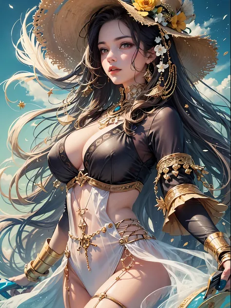 art, Unity 8k壁纸, Ultra-detailed, Beautiful and aesthetically pleasing, (s fractal art: 1.3),  flower, girls, (Hairstyles: Long hair) Ocean, Extremely detailed, Cowboy shot, The most beautiful, Seafoam, Buble, cute big breasts, ultra quality, random backgro...