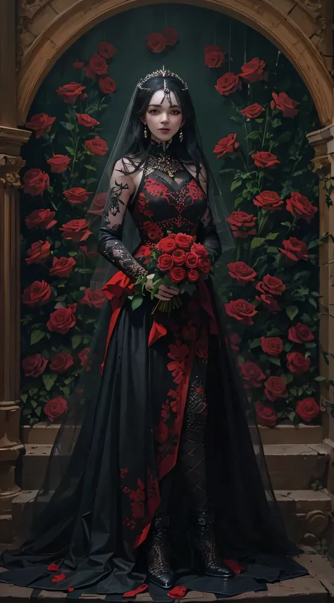 Gothic bride straight out of dark fantasy, red roses