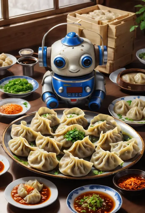 Advanced food factory，droid，(A plate of dumplings, crescent:1.8)，Futuristic atmosphere，droid，large tall，Silver metal body，Flashing blue LED light，Human-like dexterity，precise，The Arm，Equipped with，precision tools，sensor，大trabalhadompling wrapperillings，ski...