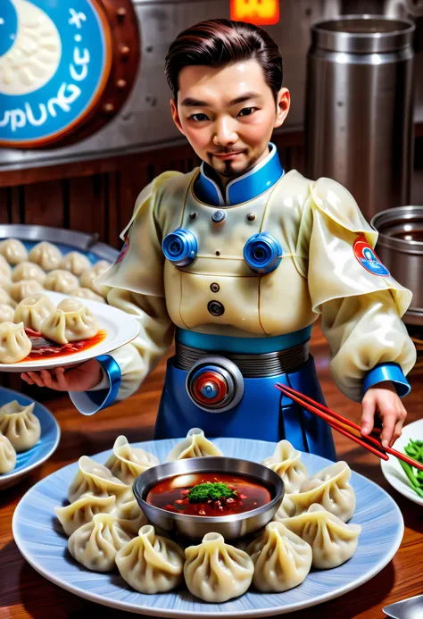 Advanced food factory，droid，(A plate of dumplings, New Moon:1.8)，A breath of the future，droid，Otaka，Silver metal body，Flashing blue LED light，human-like dexterity，Precise，The Arm，Equipped with，precision tools，sensor，大Travagliadompling wrapperillings，Skillf...