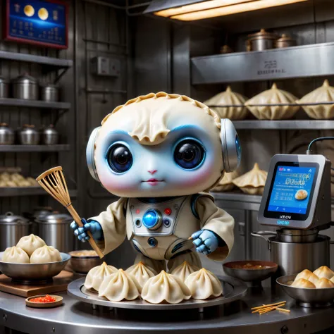 Advanced food factory，droid，(dumpling，New Moon:1.5)，A breath of the future，droid，Otaka，Silver metal body，Flashing blue LED light，human-like dexterity，Precise，The Arm，Equipped with，precision tools，sensor，大Travagliadompling皮，Fillings，Skillful，place filling，P...