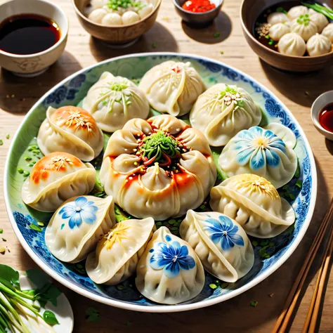 in this picture，we saw a delicious plate of traditional chinese food - dumplings。these dumplings come in a classic dumpling shap...