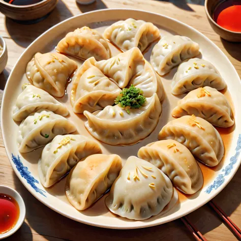 (crescent shaped dumplings)，（(可爱的功夫熊猫夹着月牙形状dumpling在吃)），Traditional Chinese food, dumpling, 月牙形状的dumpling, plate arrangement, Its hot, Exquisite, delicacy, Smack ones lips,Artistic lighting，(Best quality，8K，A high resolution，tmasterpiece，ultra - detailed，1...