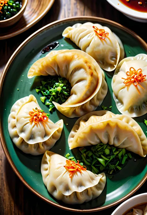 (((crescent shaped dumplings)))，（可爱的功夫熊猫夹着dumpling在吃），traditional chinese food, dumpling, 月牙形状的dumpling, plate arrangement, it's...