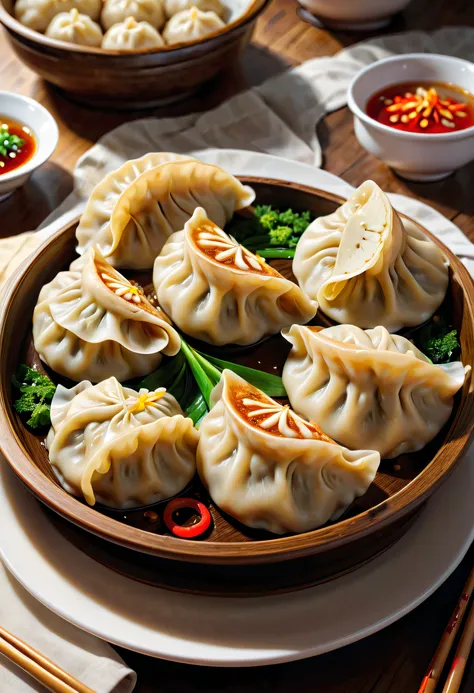 (crescent shaped dumplings),((可爱的功夫熊猫夹着月牙形状dumpling在吃)),Traditional Chinese food, dumpling, 月牙形状的dumpling, plate arrangement, Its hot, Exquisite, delicacy, Smack ones lips,Artistic lighting,(Best quality,8K,A high resolution,tmasterpiece,ultra - detailed,1...