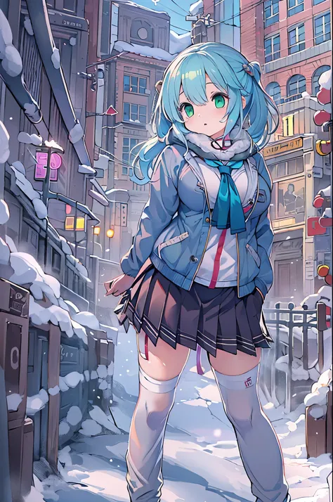 Best Quality,超A high resolution,1girl in,Solo,Full body,Snow,city,, Blue hair,Green eyes,nffsw,School uniform,bbw