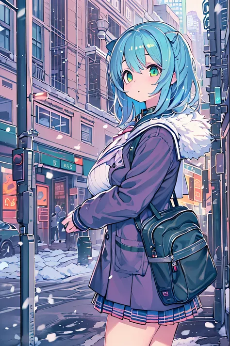 Best Quality,超A high resolution,1girl in,Solo,Full body,Snow,city,, Blue hair,Green eyes,nffsw,School uniform,bbw