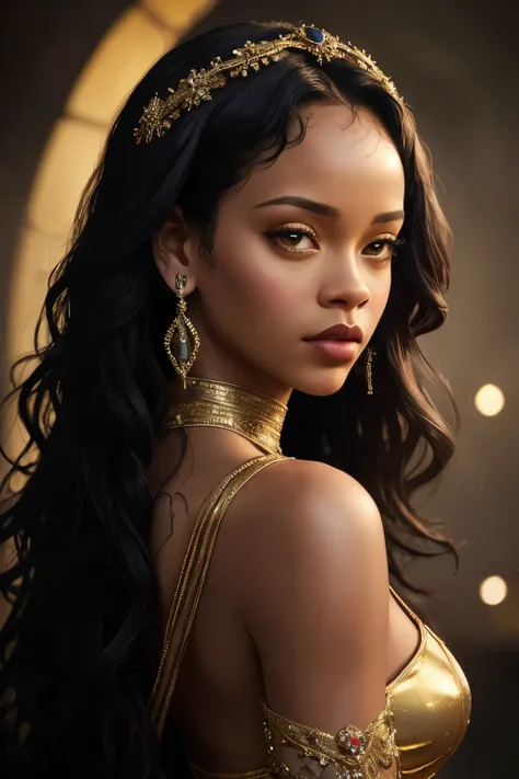 Rihanna in an ethereal and enchanting manner, her features resembling those of an ancient goddess. She is depicted in a regal pose, adorned in lavish, intricately detailed golden armor that hugs her form, emphasizing her strong and confident presence. A ra...