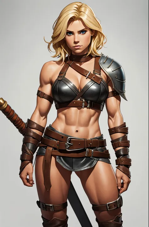 lithe blonde knight woman, defined muscles, short wavy hair, barbarian queen, leather, straps, enslaved, dressed in rags, blank ...