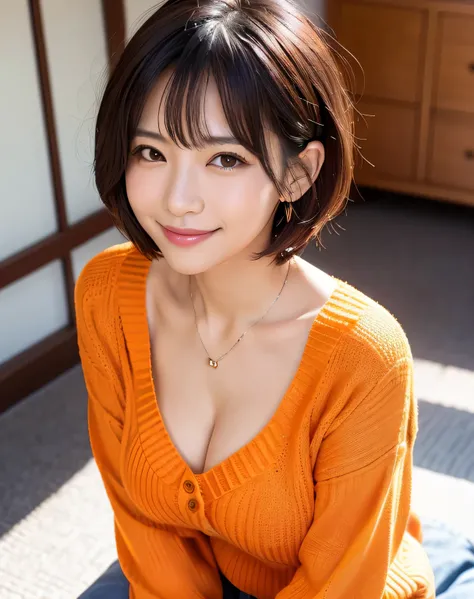 cute smile face、Wide open chest、cleavage of the breast、(Best Quality, 8K, 32K, masutepiece, nffsw:1.2),Photo of Pretty Japanese woman, Large breasts, Medium short hair、―,Upper body,Face Focus,Oversized_(((orange sweater))), Necklace,  Background, From  abo...