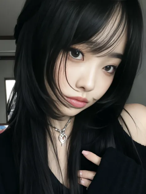 Un primer plano de una mujer con cabello largo y negro y un collar, cruel korean goth girl, Cabello negro Hime cortado, 1 7 - year - old anime goth girl, ulzzang, Sui Ishida con cabello negro, Ella tiene el pelo negro con flequillo, cara bonita de pelo neg...