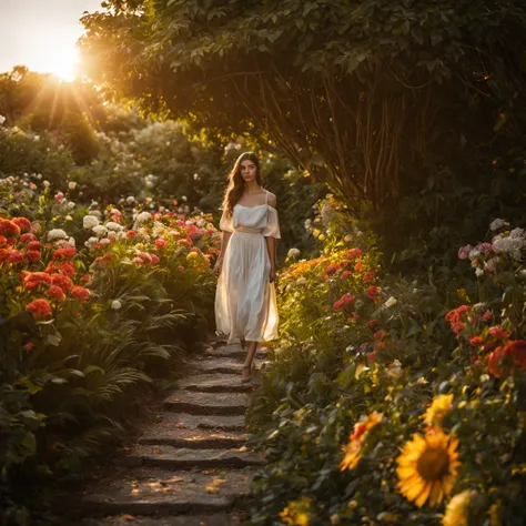 octano, heaven, paisagem, 1 girl "alexandra daddario", dentro de um jardim de flores brancas，e o sol brilhava intensamente，the l...