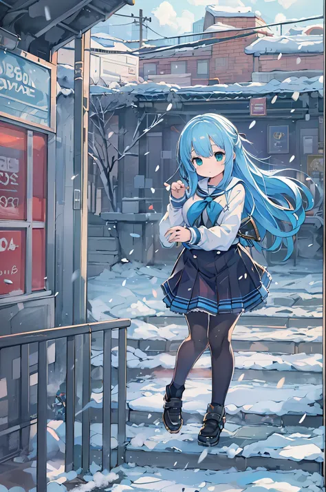 Best Quality,超A high resolution,1girl in,Solo,Full body,Snow,city,, Blue hair,Green eyes,nffsw,School uniform,bbw