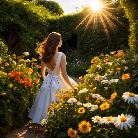 1 girl "Alexandra Daddario", dentro de um jardim de FLORES brancas，e o sol brilhava intensamente，The light from the back window is backlighted, Existe um caminho no meio do mar de flores，there is space between，There is a path in the center of the screen，Th...