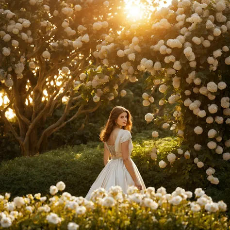 1 girl "Alexandra Daddario", dentro de um jardim de FLORES brancas，e o sol brilhava intensamente，The light from the back window is backlighted, Existe um caminho no meio do mar de flores，there is space between，There is a path in the center of the screen，Th...