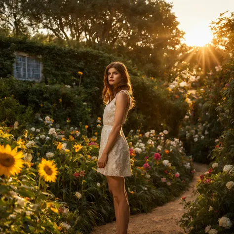 1 girl "Alexandra Daddario", dentro de um jardim de FLORES brancas，e o sol brilhava intensamente，The light from the back window is backlighted, Existe um caminho no meio do mar de flores，there is space between，There is a path in the center of the screen，Th...