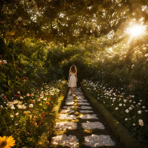 1 girl "Alexandra Daddario", dentro de um jardim de FLORES brancas，e o sol brilhava intensamente，The light from the back window is backlighted, Existe um caminho no meio do mar de flores，there is space between，There is a path in the center of the screen，Th...