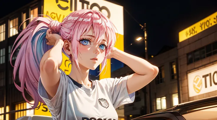 1girl, Shikimori, ribbon, gym uniform, t-shirt, short sleeves ,parody, upper body, pink hair, long hair, high ponytail looking at viewer, highly detailed background, (photo realistic:1.2), detailed eyes, red eyeshadow, depth of field, symmetry eyes, (ulzza...