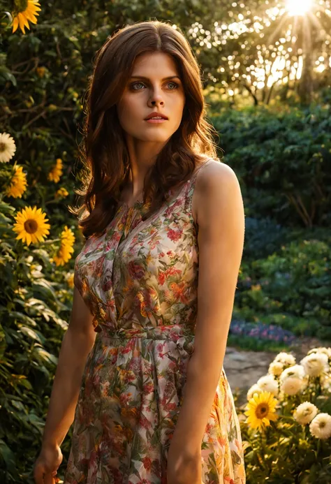 1 girl "alexandra daddario", dentro de um jardim de flores brancas，e o sol brilhava intensamente，the light from the back window ...