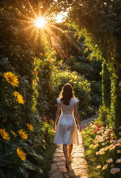 1 girl "Alexandra Daddario", dentro de um jardim de FLORES brancas，e o sol brilhava intensamente，The light from the back window is backlighted, Existe um caminho no meio do mar de flores，there is space between，There is a path in the center of the screen，Th...