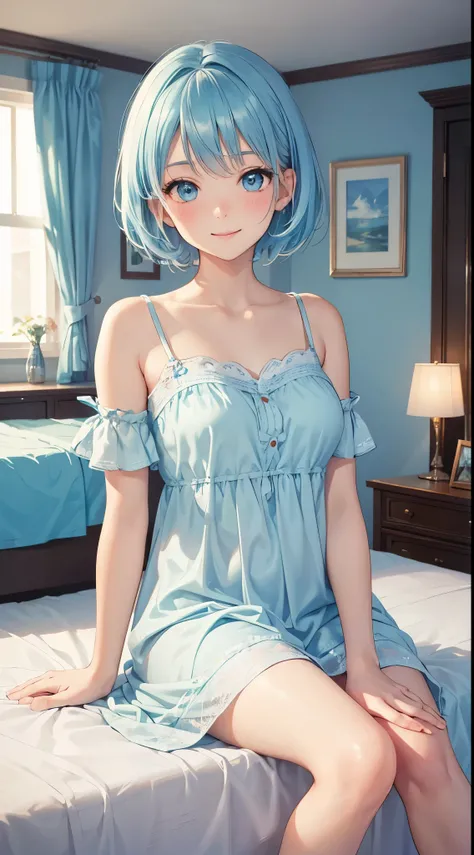 ​master piece,Best Quality, Solo Lady,20yr old, Beautiful eyes,Cute, Sitting, aqua eyes,Mouth wide open,huge smile,girls own room,Light blue nightdress,detailed  clothes,Light blue room, Short hair, flipped hair,lightblue hair, blushing