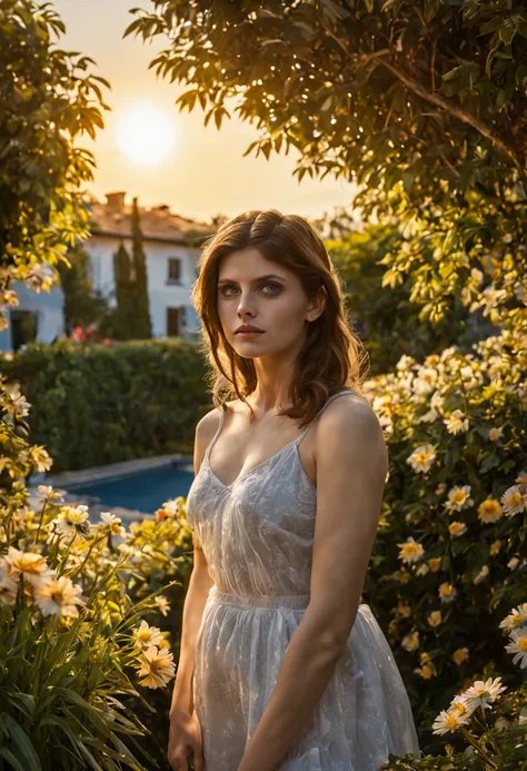 1 girl "Alexandra Daddario", dentro de um jardim de FLORES brancas，e o sol brilhava intensamente，The light from the back window is backlighted, Existe um caminho no meio do mar de flores，there is space between，There is a path in the center of the screen，Th...