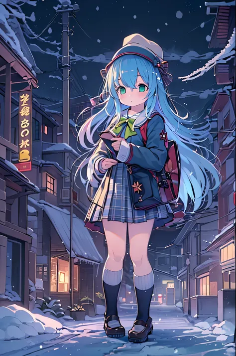 Best Quality,超A high resolution,1girl in,Solo,Full body,Snow,city,, Blue hair,Green eyes,nffsw,School uniform,bbw、Night