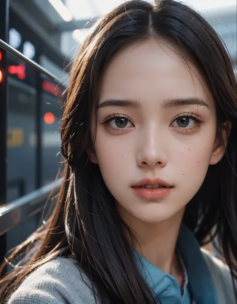 (((woman standing on the train platform)))、Train platform bound for the opposite side across the tracks、beautiful eyes and face、An ultra-high picture quality、8k、Smart Body、High Style、About 24 years old、Detailed eyes、Detailed skin、